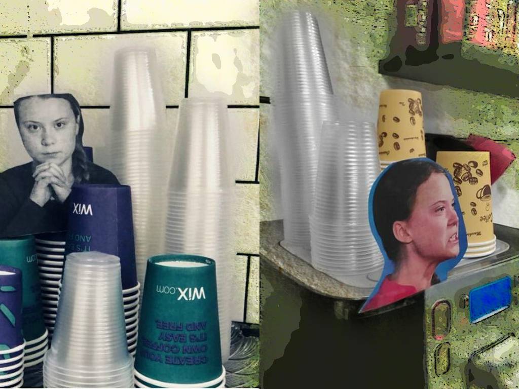 Cafeterías y oficinas utilizan la imagen de Greta Thunberg para que dejes de usar plástico (📷)