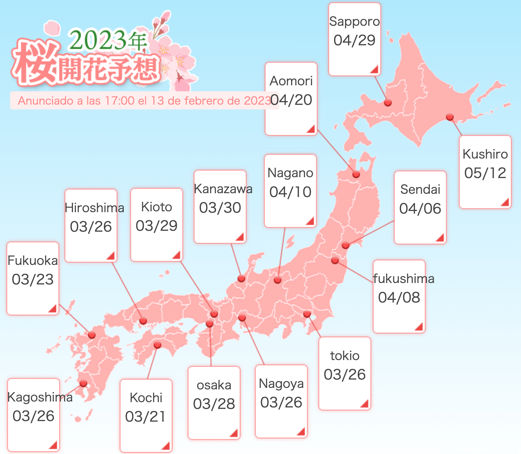 mapa con fechas estimadas para floración de cerezos